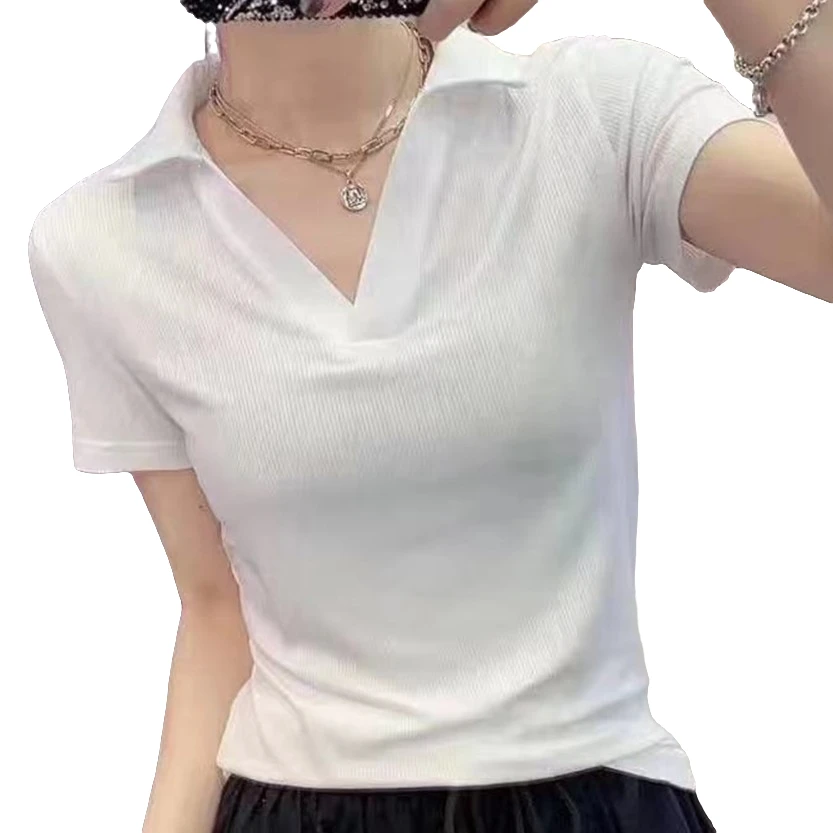 【MIO】米奥夏款POLO衫v领螺纹修身显瘦时尚翻领气质洋气休闲短袖T