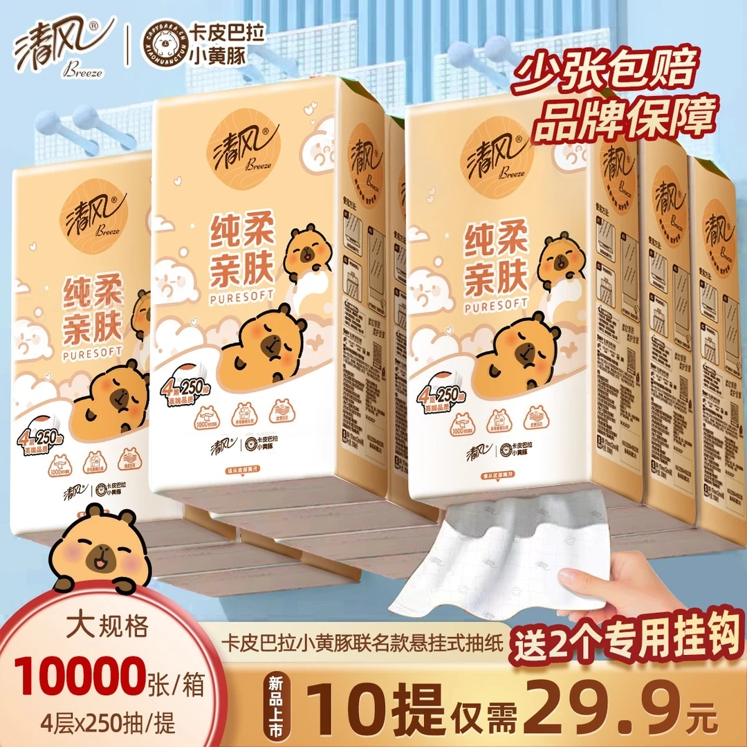 【10提送2个挂钩】清风挂式抽纸卡皮巴拉面巾纸4层挂抽250抽直播间