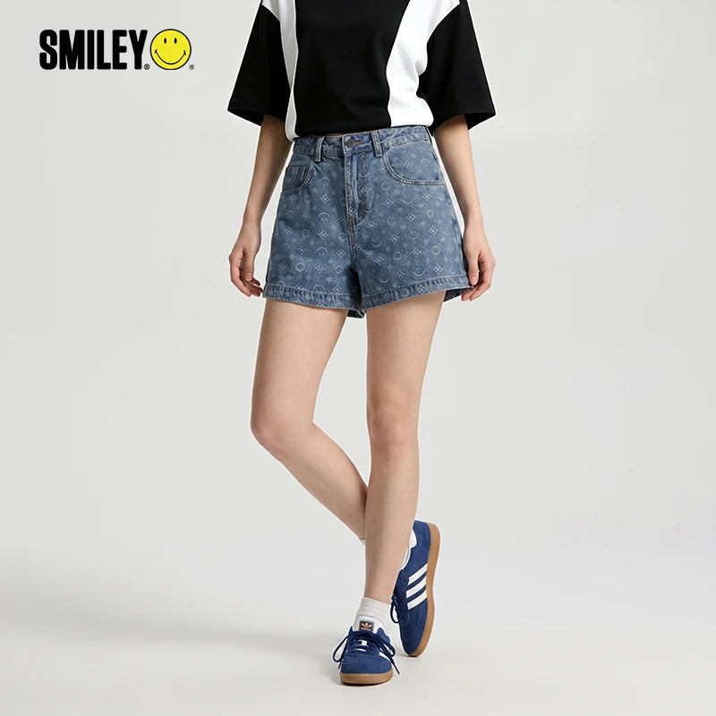 SMILEY笑脸夏季新款透气宽松高腰阔腿牛仔短裤