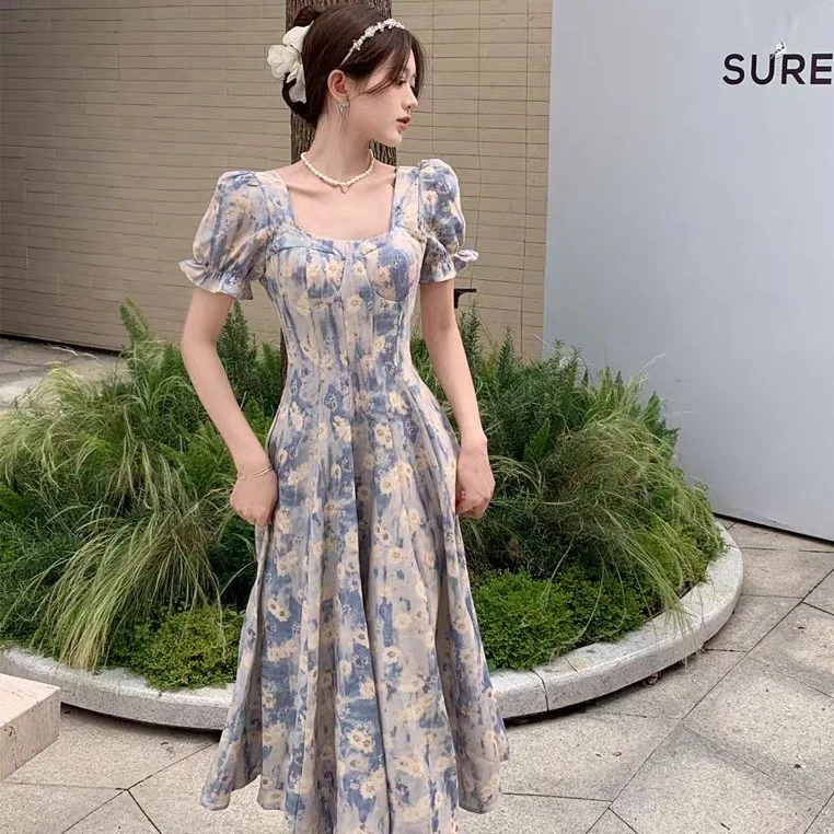 大码微胖蓝色油画碎花法式小众连衣裙女裙子胖mm遮肚显瘦长裙1748