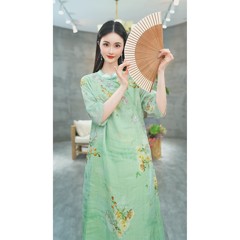 赠李白显瘦时尚100支苎麻大摆裙国风原创设计旗袍宽松盘扣7033