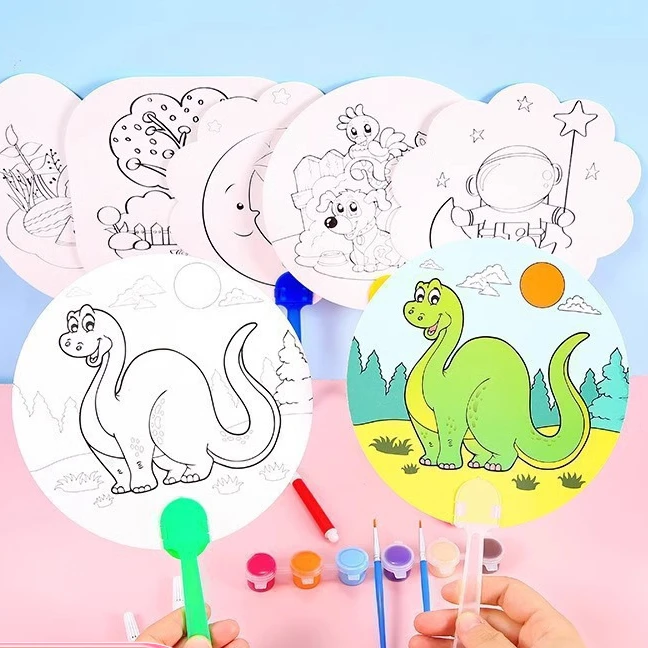 DIY空白纸扇子 卡通彩绘填色涂色绘画画图案白卡纸线条扇礼品扇