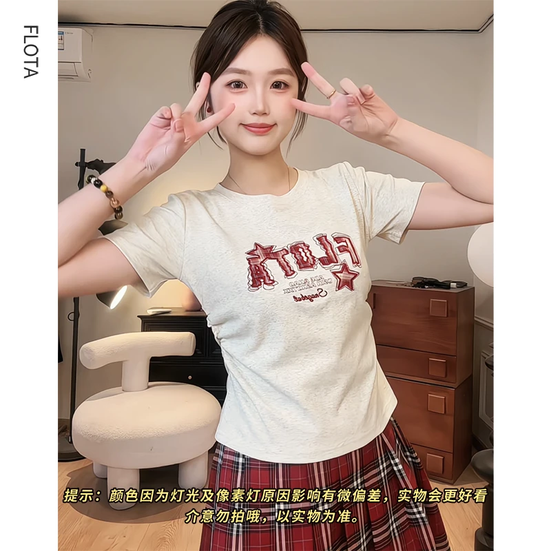 【现货】美式小众潮牌格子设计字母刺绣百搭显瘦收腰短袖T恤上衣女