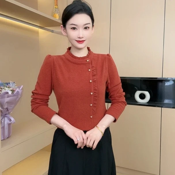 秋冬洋气木耳边加绒保暖长袖女士百搭显瘦衬衣小衫纯色打底衫上衣