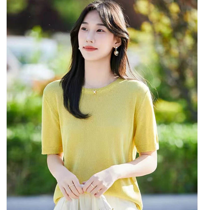 夏季新款和纸纱百搭短袖圆领简约纯色t恤女宽松正肩上衣薄打底衫