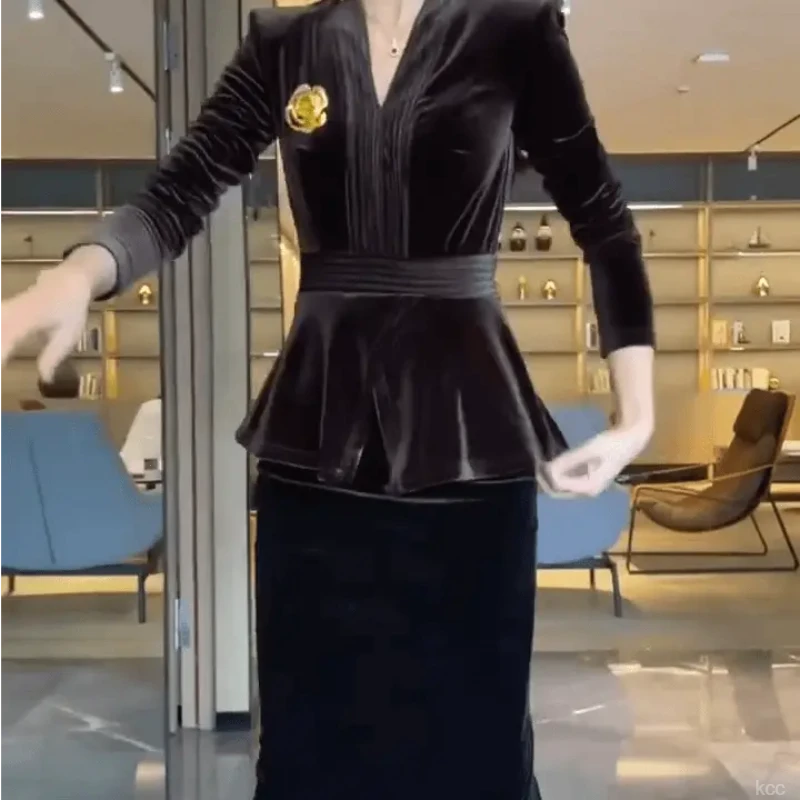 遮肉长袖套装收腰上衣时尚新款开叉半身裙显瘦丝绒气质两件套秋季