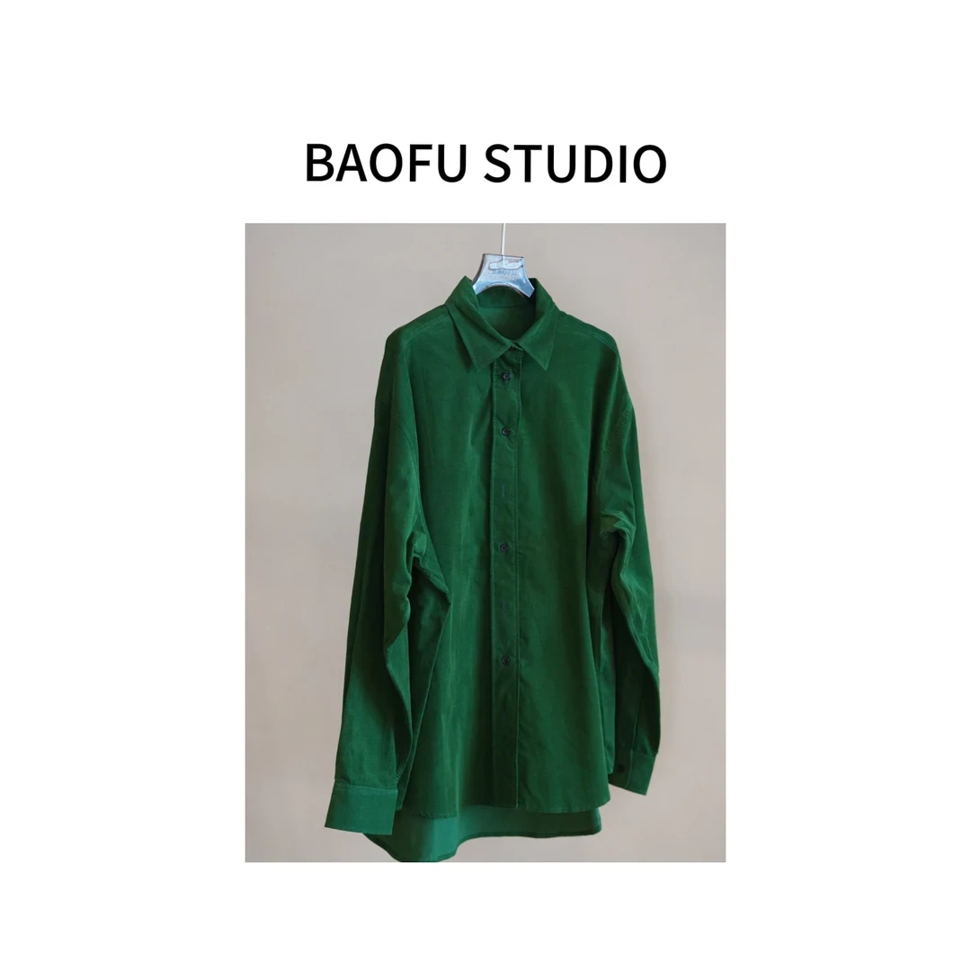 BAOFU studio｜复古包豪斯绿植绒衬衫气质衬衣绿色翻领休闲女上衣