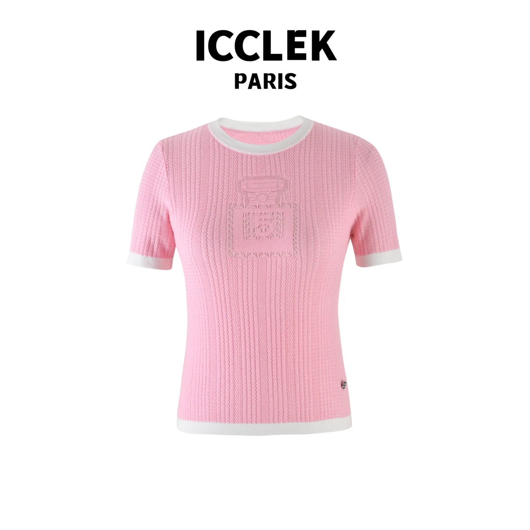 ICCLEK 粉色圆领套头香水瓶短袖针织衫休闲百搭减龄 气 质 -2567