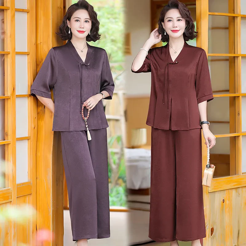 时尚妈妈夏装新中式古韵套装新款高贵中老年女洋气小衫上衣阔腿裤