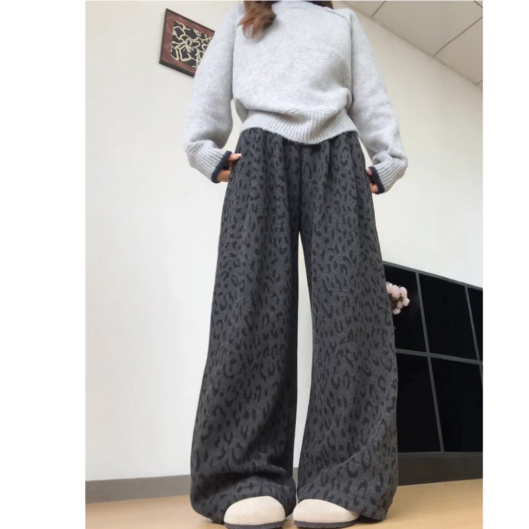 大码女装肥妹妹mm加绒豹纹阔腿秋冬高腰宽松显瘦休闲毛巾裤200斤