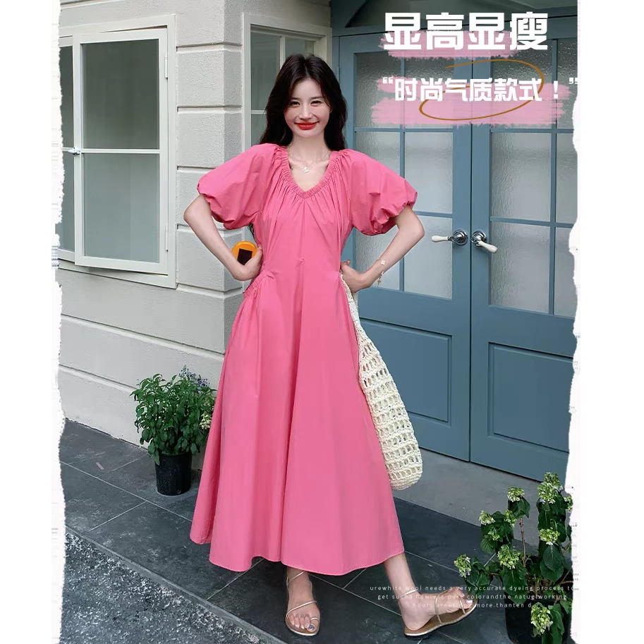 韩系糖果色V领泡泡袖收腰爆款连衣裙