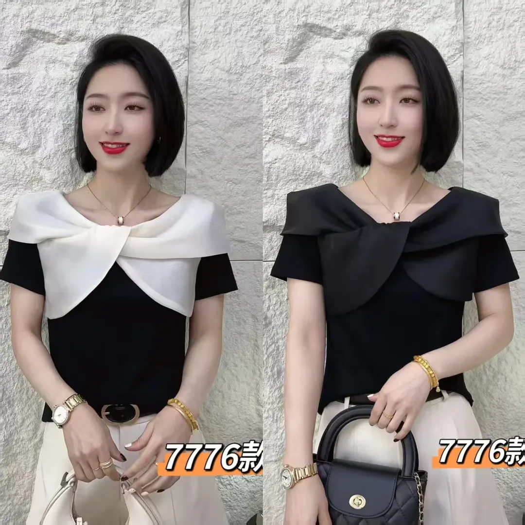 2025新品法式交叉领洋气t恤时尚洋气显瘦短袖上衣