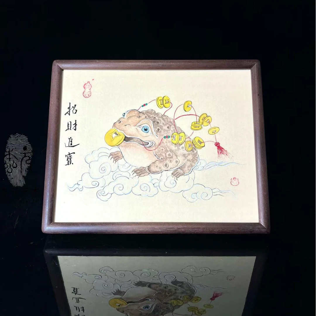 【金蟾进宝】纯实木手写手绘书法字画装裱摆件装饰柜文字画摆台挂墙