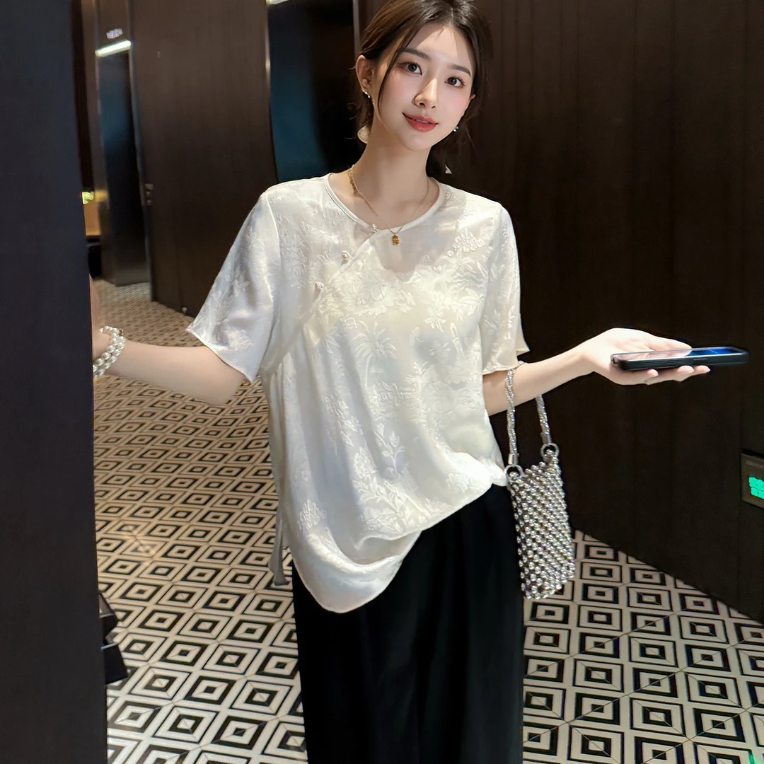 新中式国风缎面桑蚕丝套头短袖衬衫女