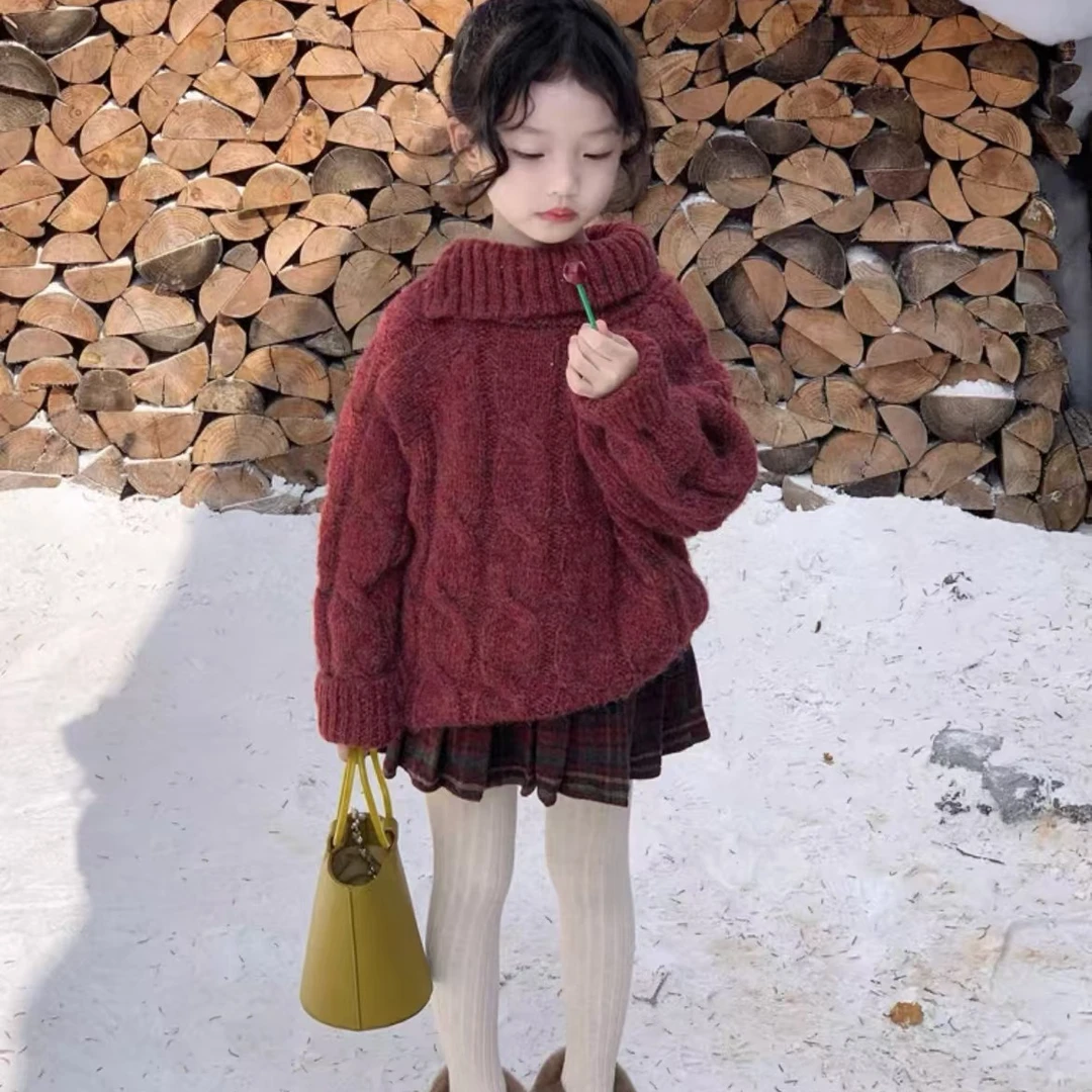 小粉象 ·冬季女童韩版中小童洋气针织衫圣诞红毛衣格子裙裤子套装