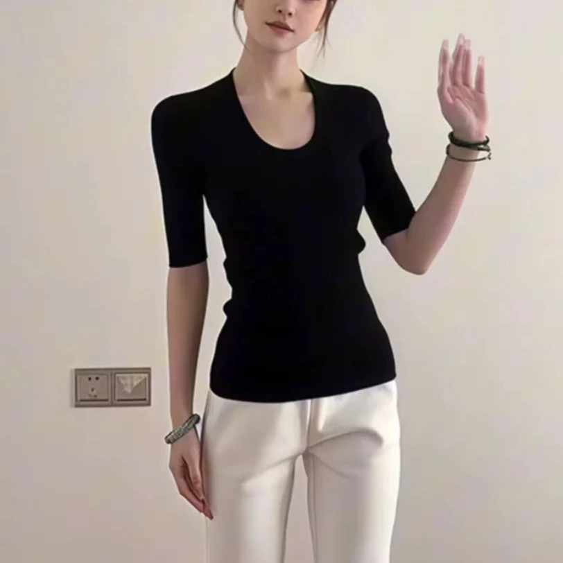 AMAZCOOL 辣妹风修身U领五分袖百搭短袖T恤6113