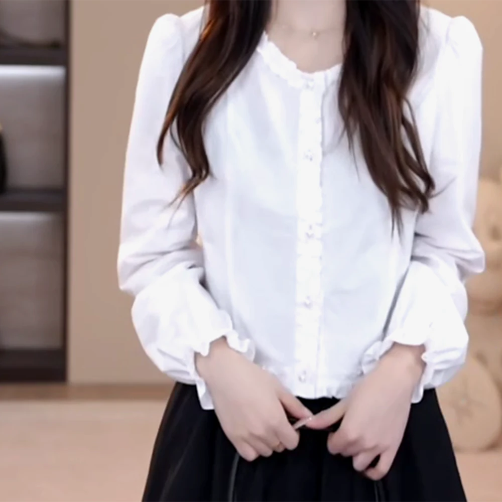 【在逃公主】早春新款百搭甜美木耳花边小众设计感衬衫上衣女