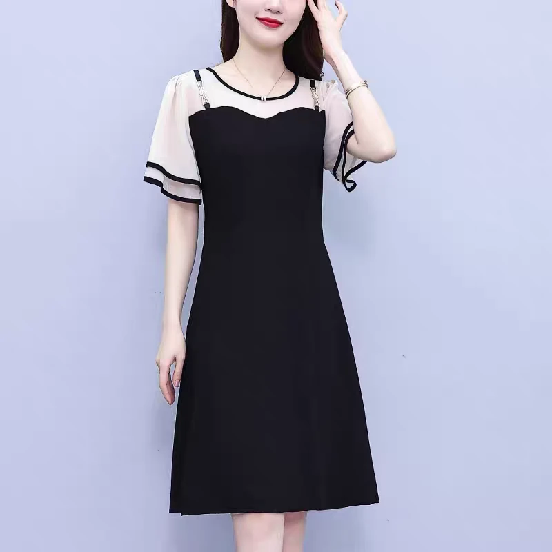 L052夏季小众法式洋气显瘦收腰假两件气质中长连衣裙