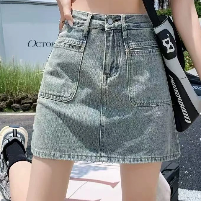 【浅蓝色】牛仔半身裙女夏季新款高腰显瘦防走光A字半身裙#6621