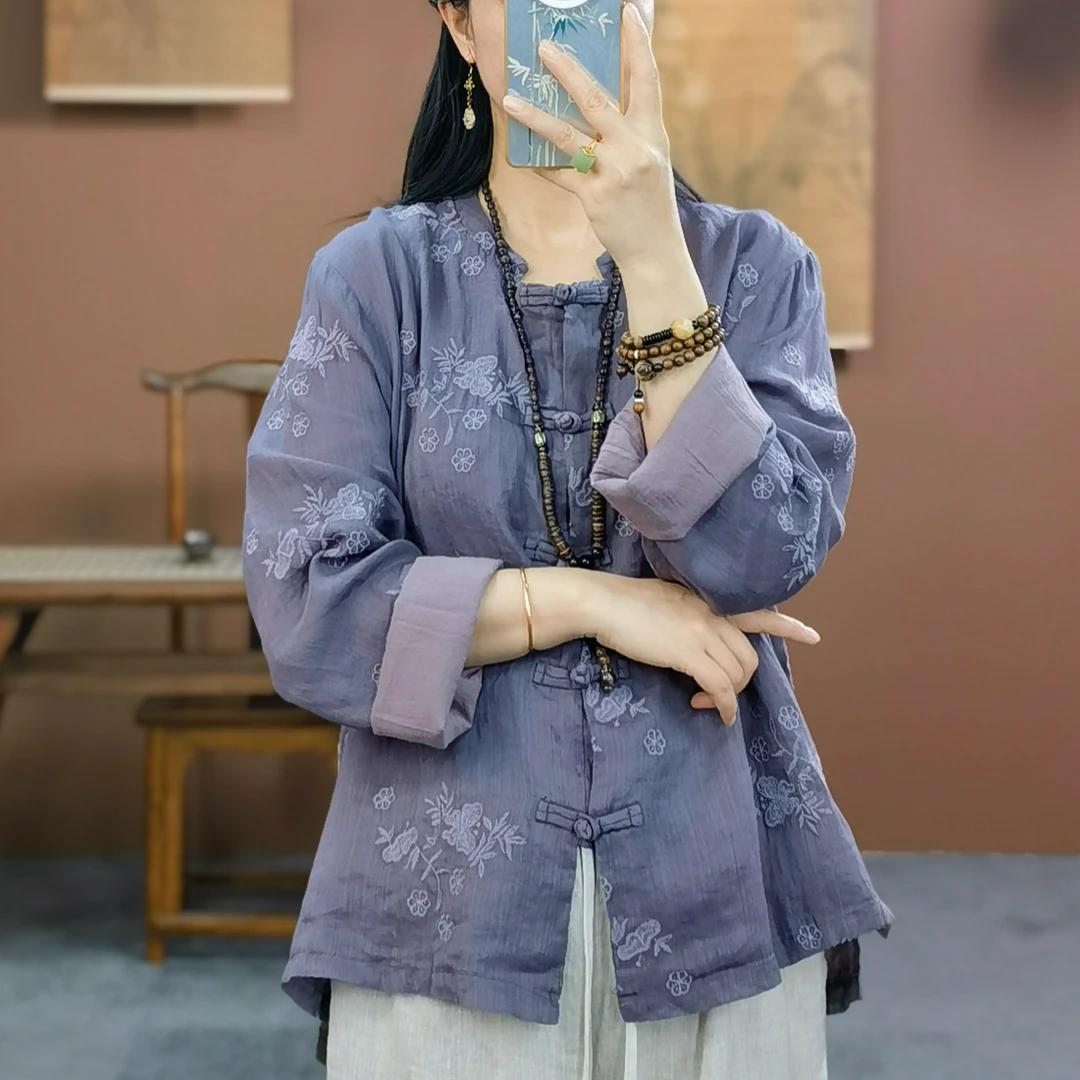 束心新中式秋装新款复古盘扣纯色长袖衬衫女苎麻刺绣双层休闲上衣