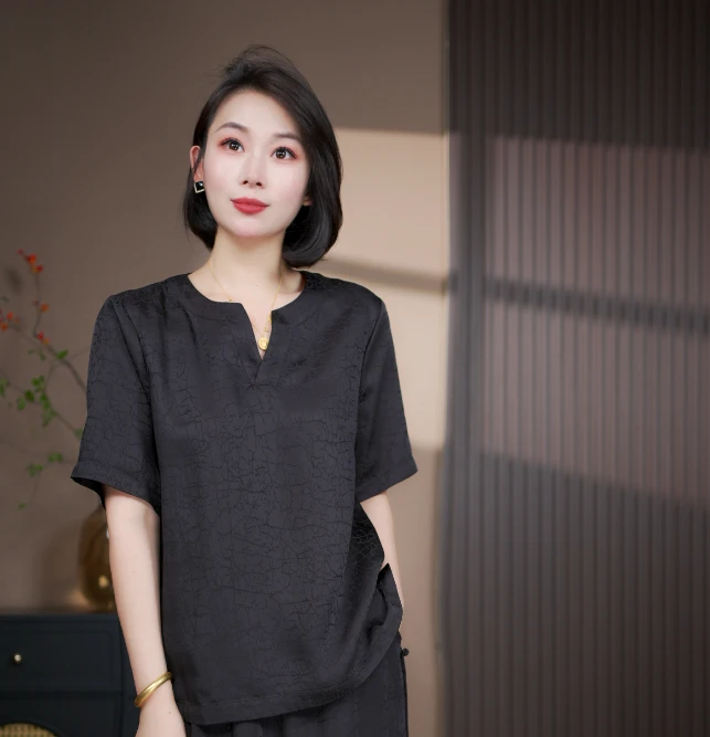 【黑龟】新中式重磅老料龟裂纹香云纱女士小衫070