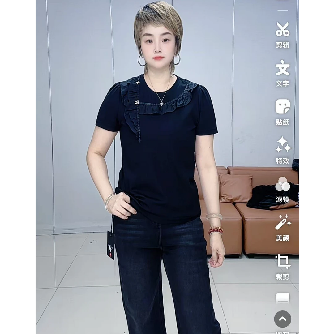 小施家南韩气质冰爽特色花边显痩T恤6683