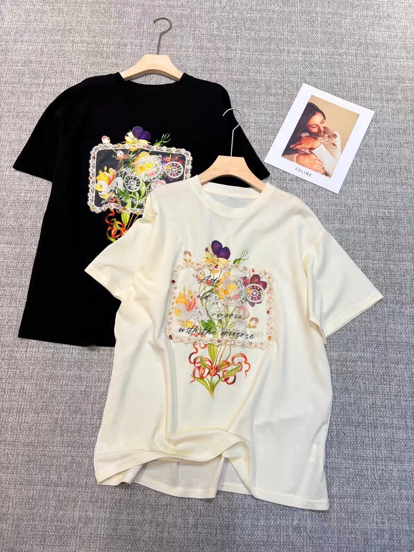 2578圆领网纱花朵印花短袖黑白打底