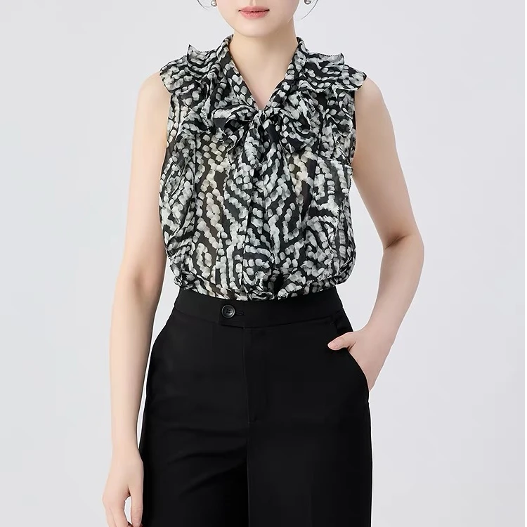 【商场同款】飘带无袖衬衣2025夏季新款时尚复古荷叶边上衣女130022