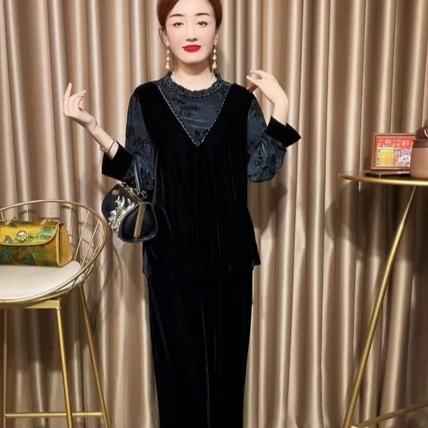 6571高品质妈妈装丝绒上衣春装新款时尚拼接设计大码遮肚显瘦小衫