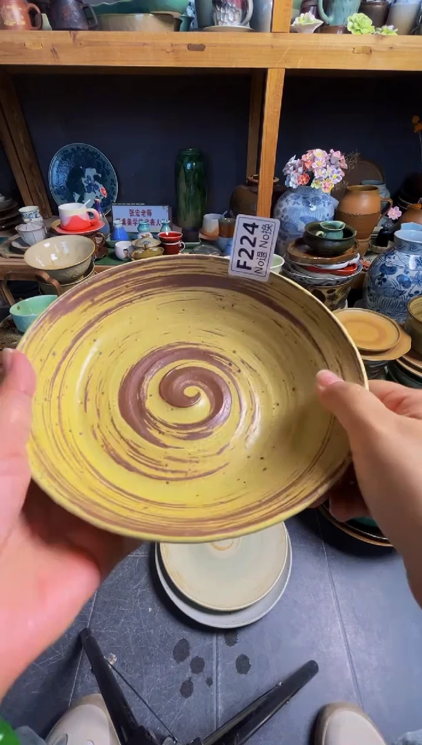 瓷片点f224手刷黄18cm异型盘福利