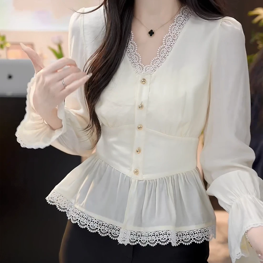 【一渡清江】春夏上新法式时尚高级感设计感V领收腰长袖显瘦衬衫