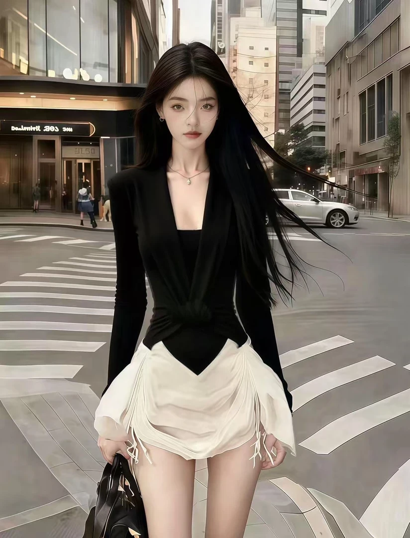 韩版小众纯欲氛围感日常穿搭黑色修身长袖V领显瘦百搭气质连衣裙