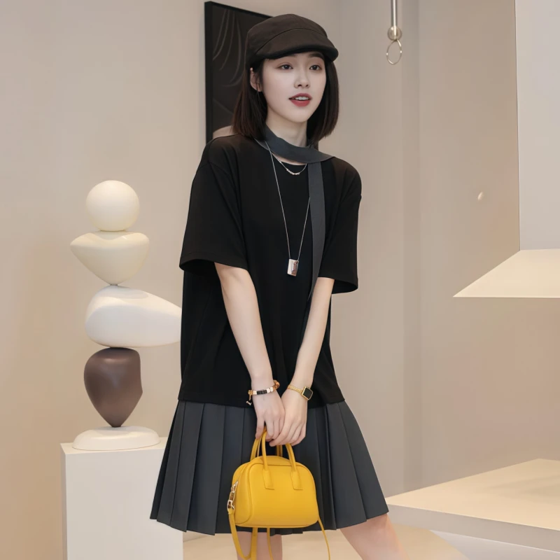 设计感休闲风拼接百褶连衣裙女2025夏季大码胖MM百搭显瘦短袖裙子