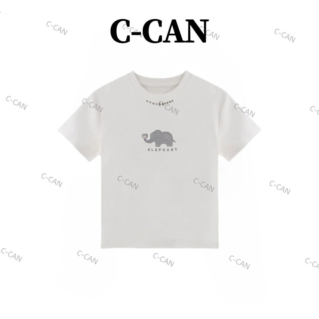 【钉珠刺绣大象】2025新款扎染韩版风T恤圆领修身显瘦时尚夏季气质