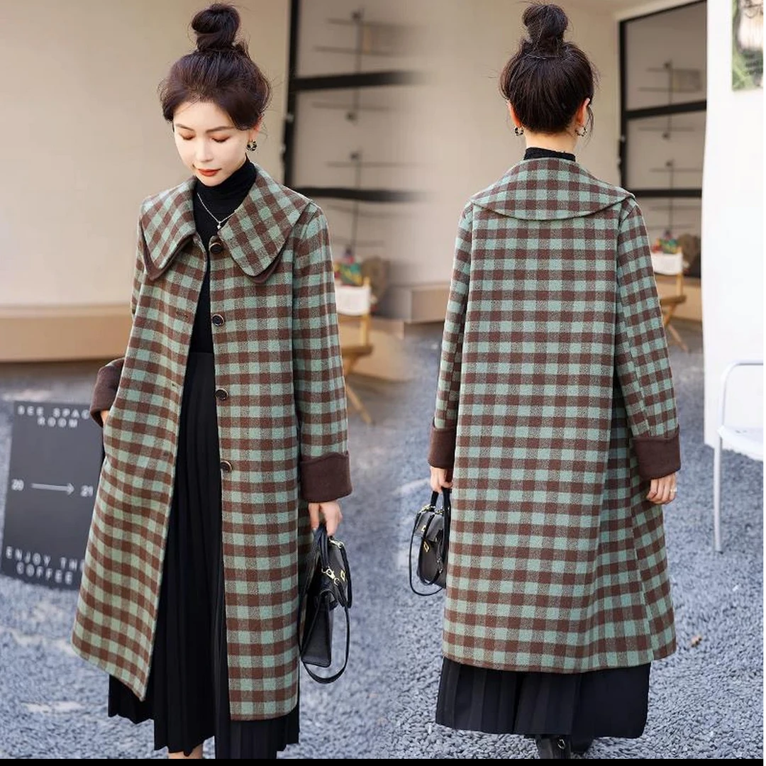 娃娃领格子款时尚休闲百搭女士中长款双面羊毛大衣
