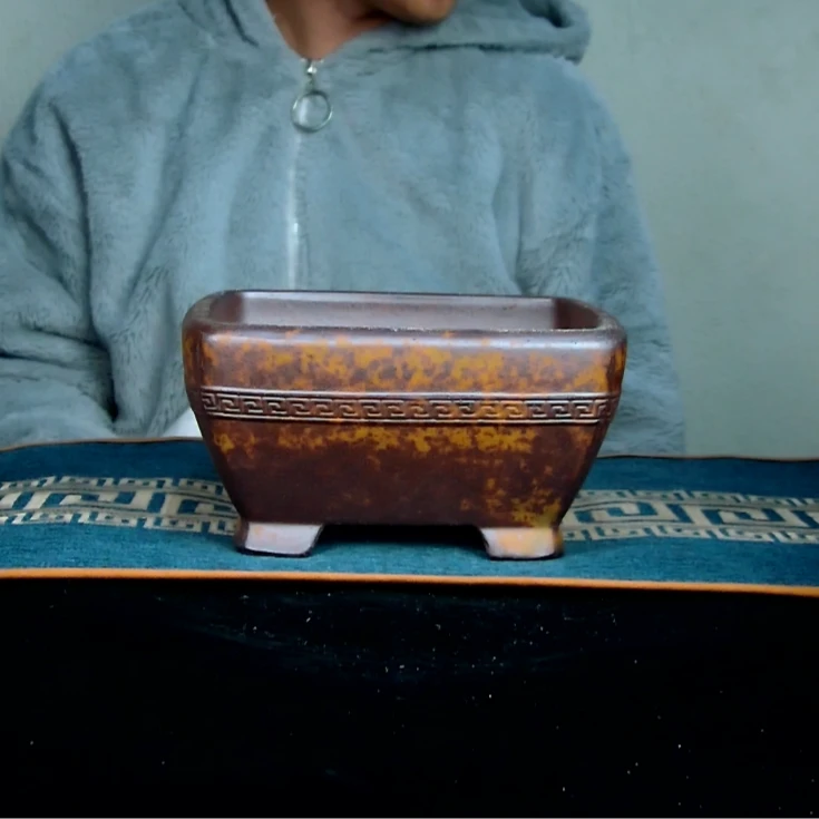 添季内径18*8cm高温柴烧还原烧回纹四方花盆