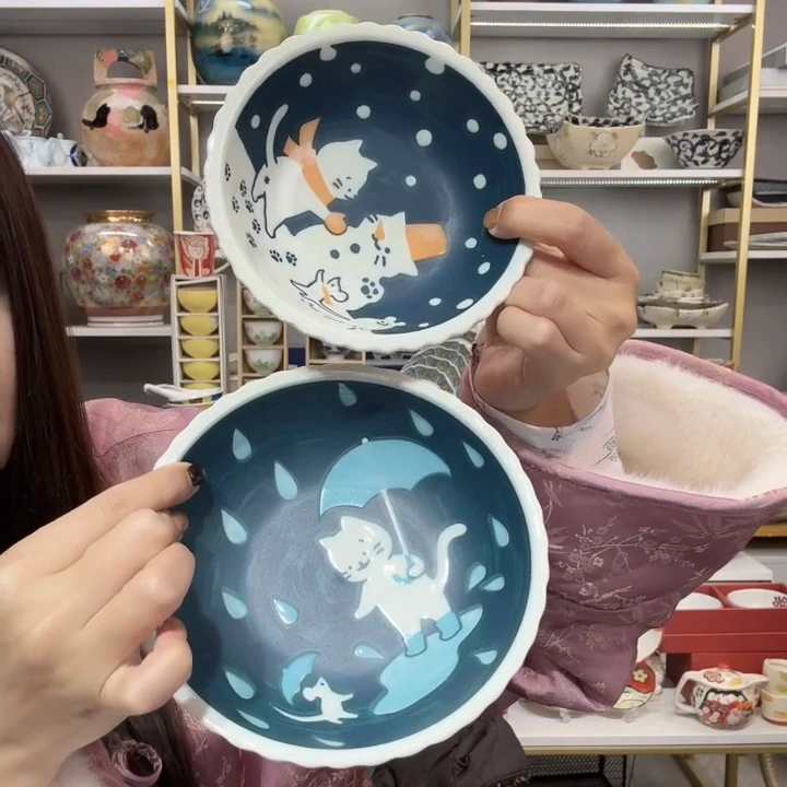 【2支】日本进口美浓烧猫咪的星期天(煮物钵16cm+小钵14cm)