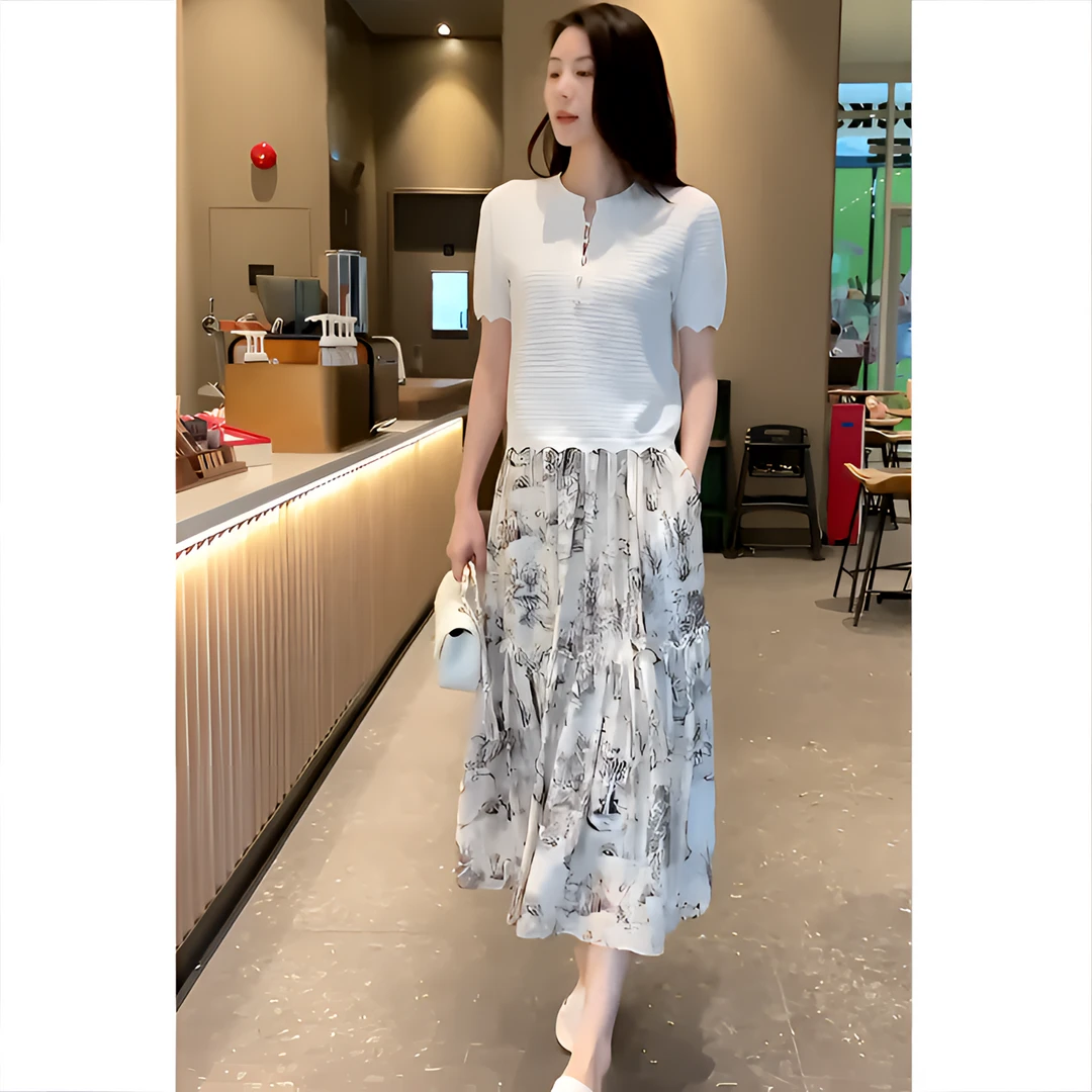 【夏上新套装】夏新款优雅小众气质镂空上衣搭新中式水墨画半身裙