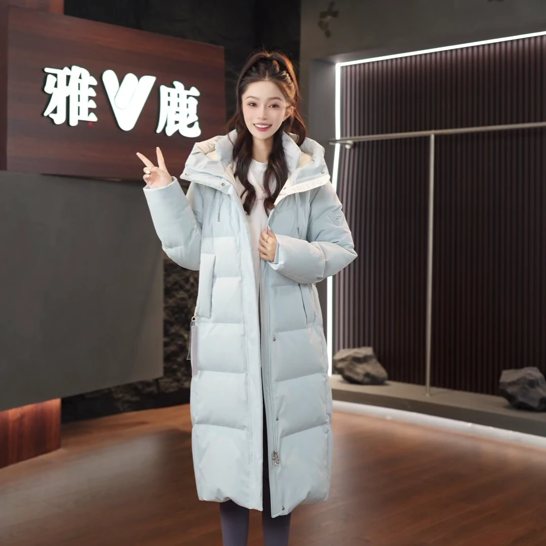 【蓄热2.0】雅鹿中长款羽绒服连帽女2025外套加厚休闲过膝90白鸭绒