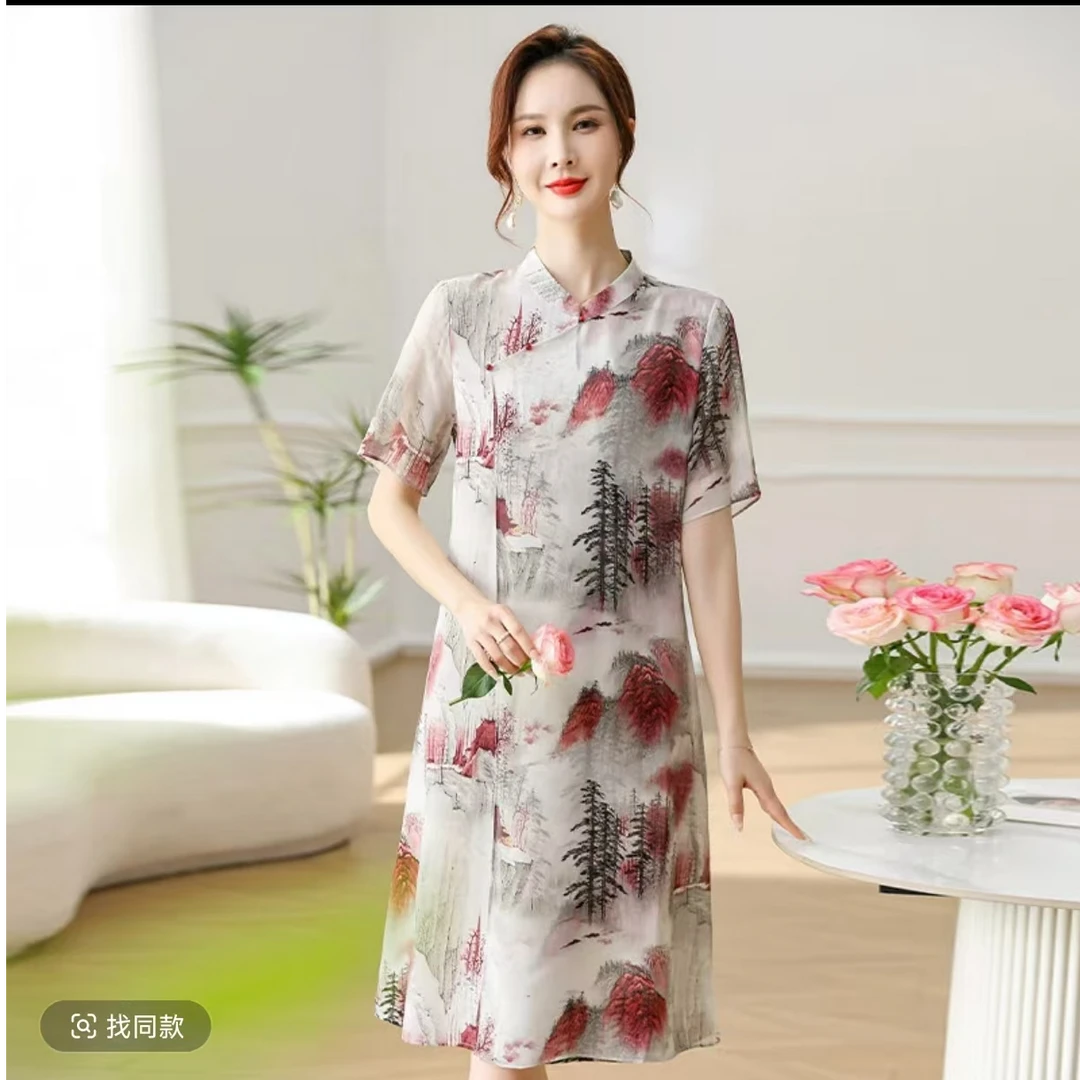 334-新中式国风时尚百搭中老年女装夏季宽松洋气印花印花裙