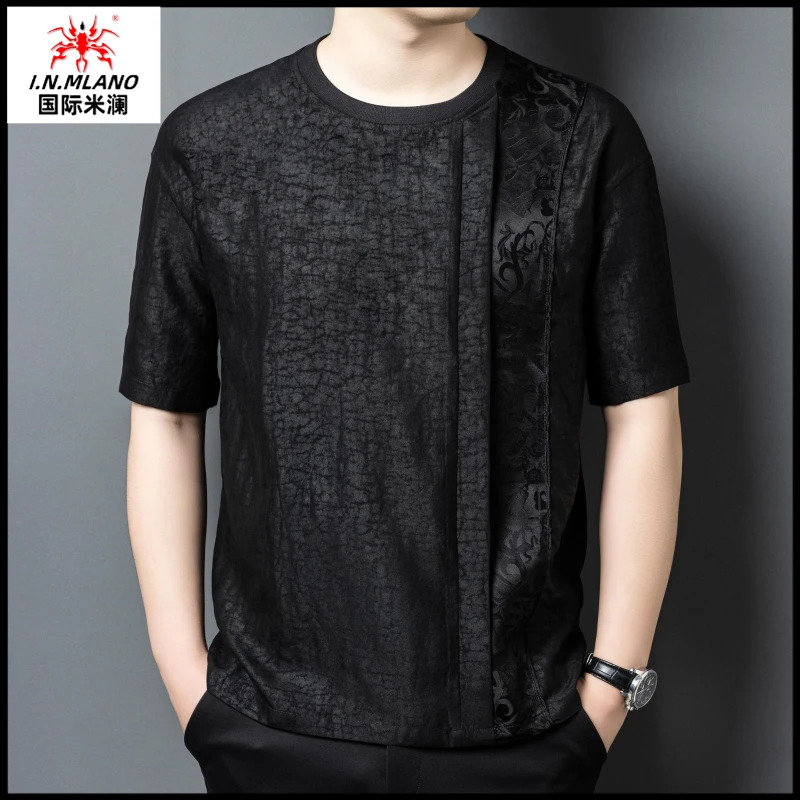 夏季薄款真丝透气t恤中年男士桑蚕丝上衣龟裂纹香云纱短袖体恤男