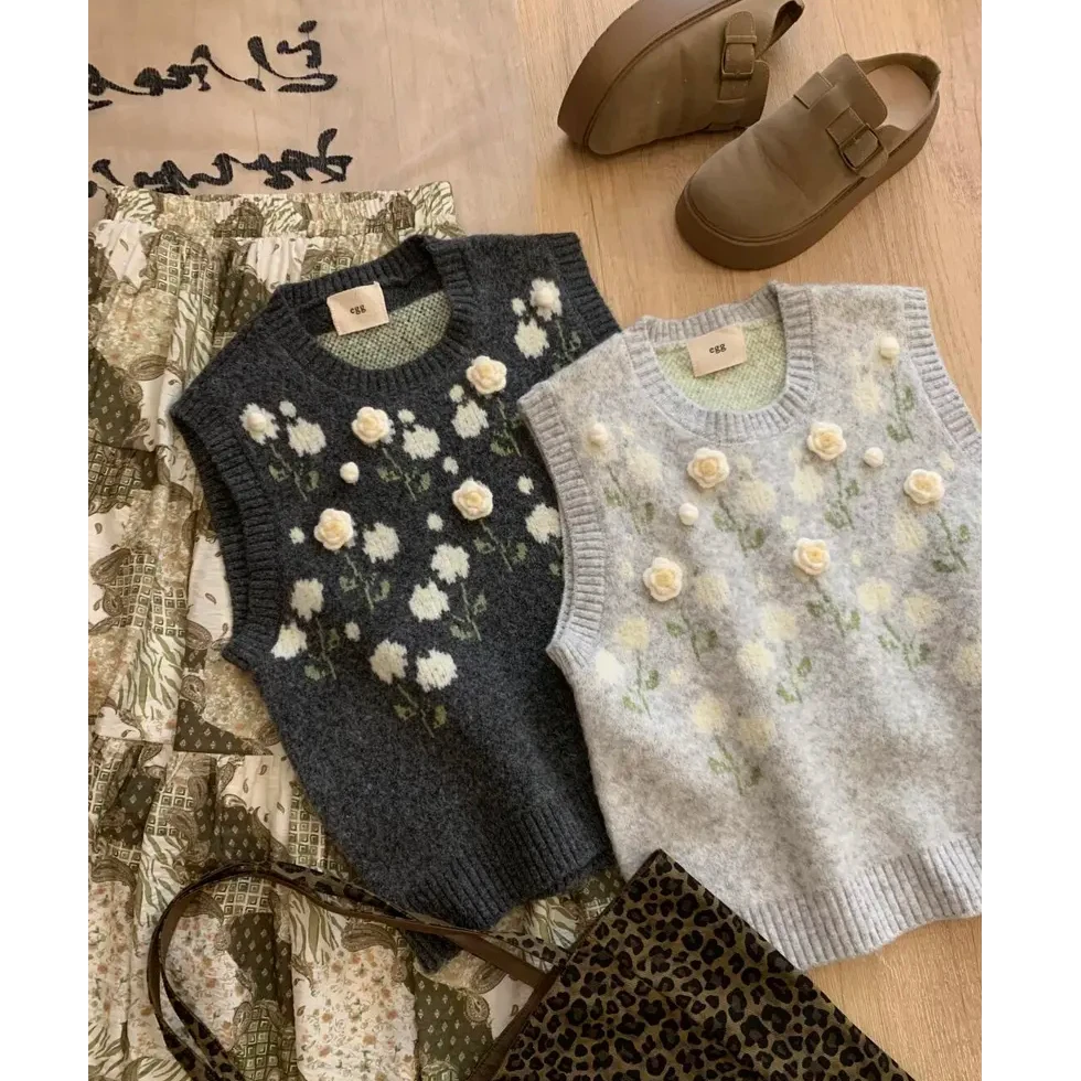 秋冬季新款韩系甜美立体花朵针织马甲女宽松慵懒风时尚叠穿背心潮