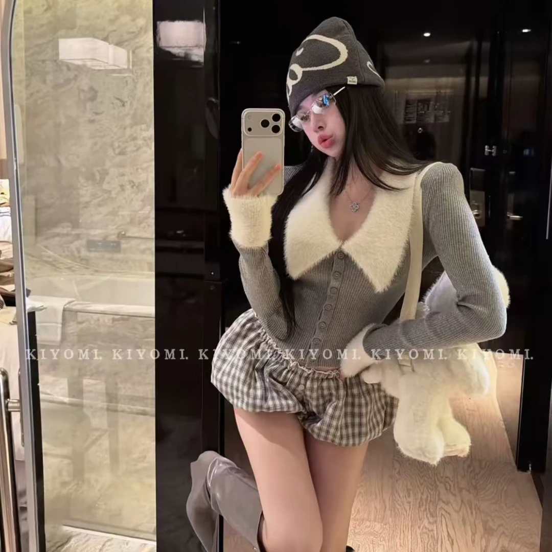 纯欲风辣妹V领仿貂毛绒绒拼接针织衫女秋冬小众单排扣长袖上衣女