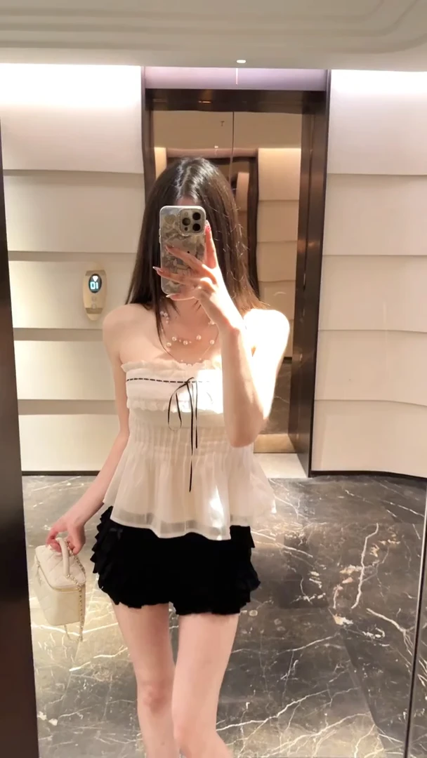 2025夏季新款纯欲性感抹胸蕾丝拼接背心+芭蕾风木耳边半身蛋糕裙