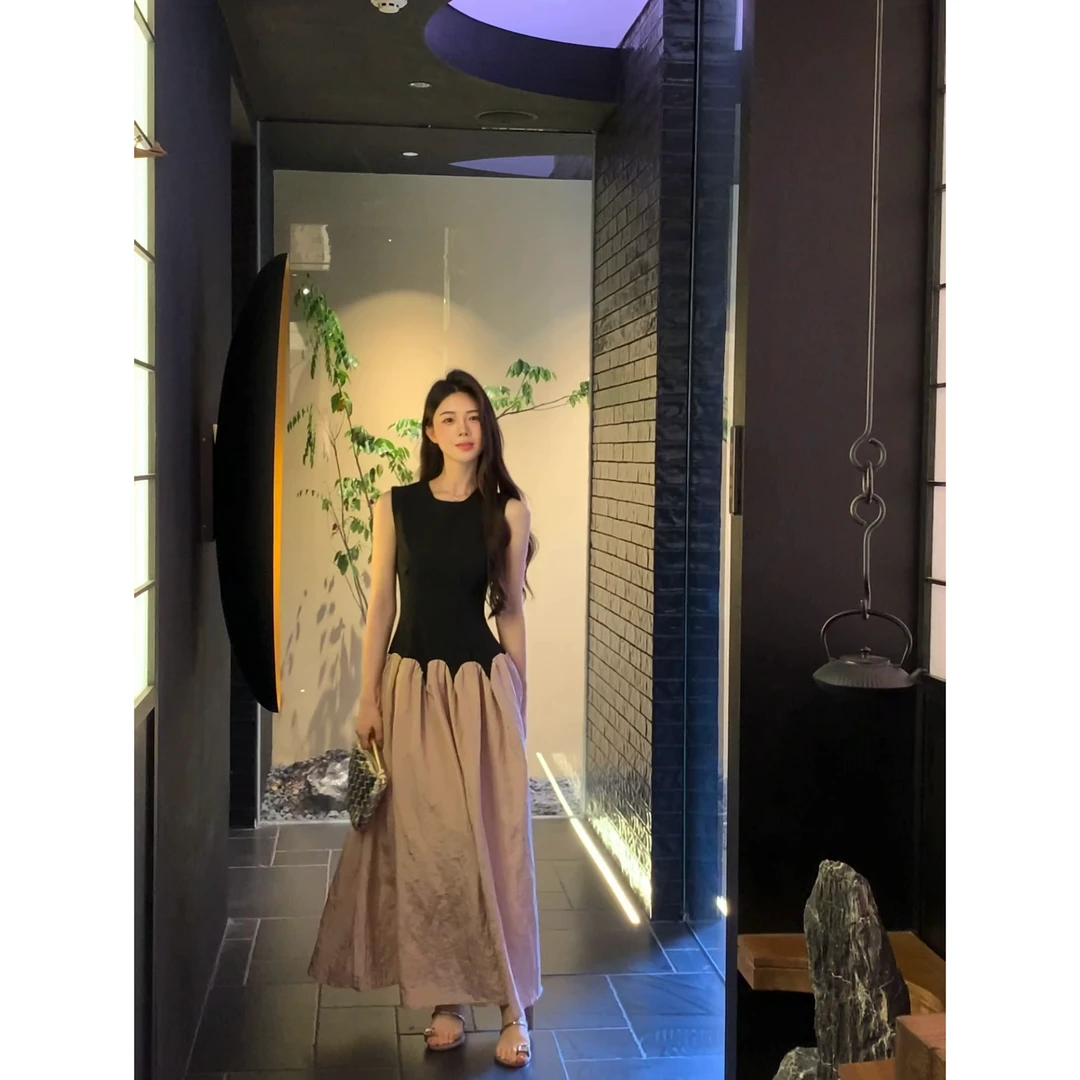 【夜莺秘境】时尚复古百搭拼接撞色显瘦连衣裙 LL9177