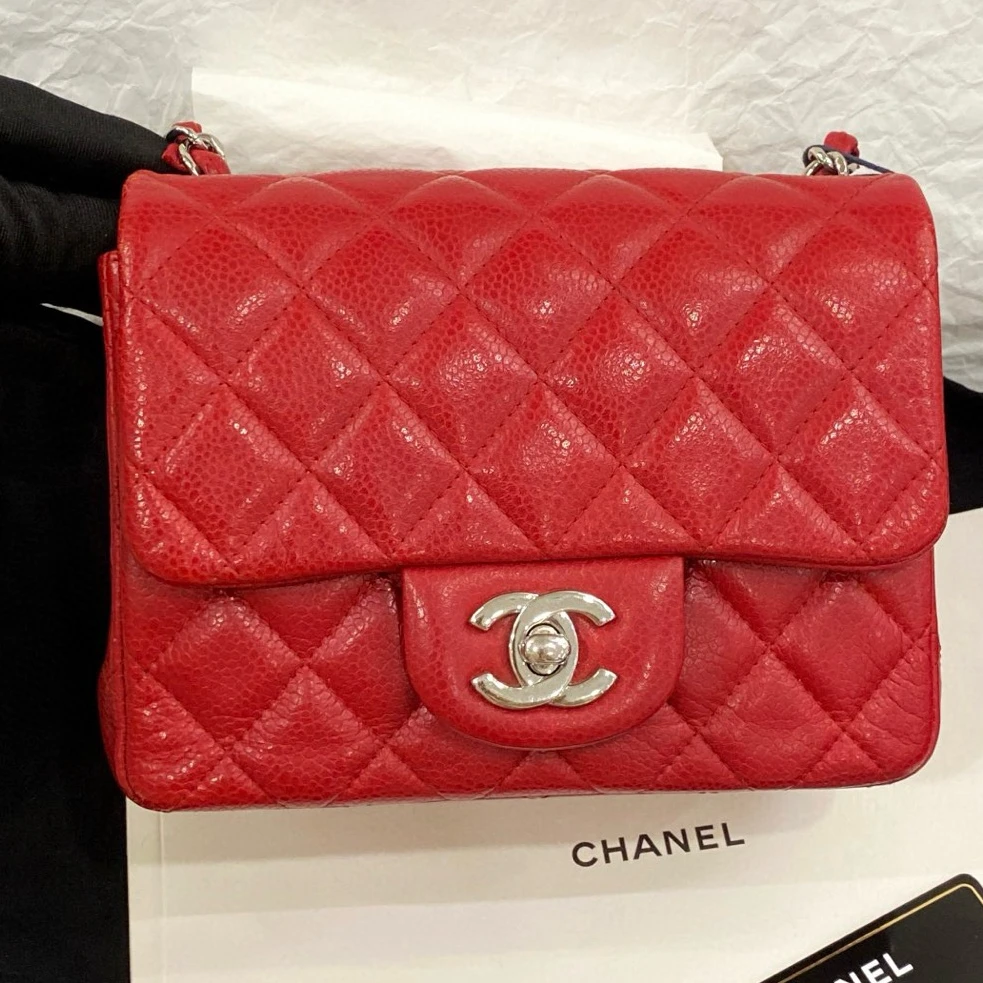 95新 Chanel/香奈儿 红色荔枝纹银扣方胖子包包 16开/G21XH3126