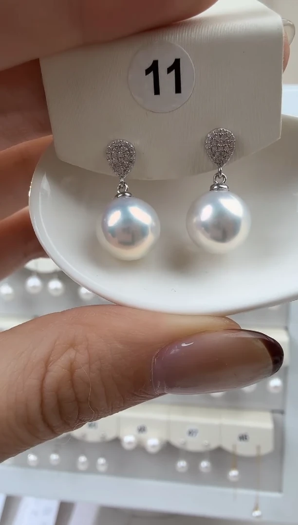 银S925镶嵌耳饰淡水珍珠10-11mm耳钉