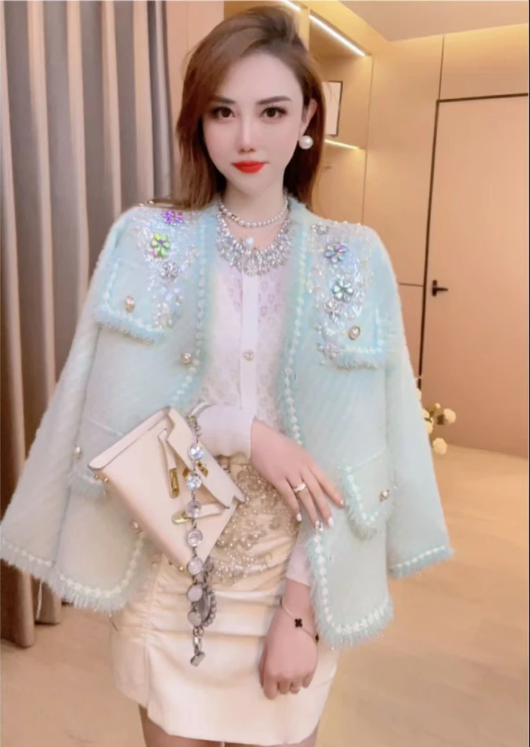 【浪漫满屋】重工钉珠刺绣显瘦气质针织外套女W32