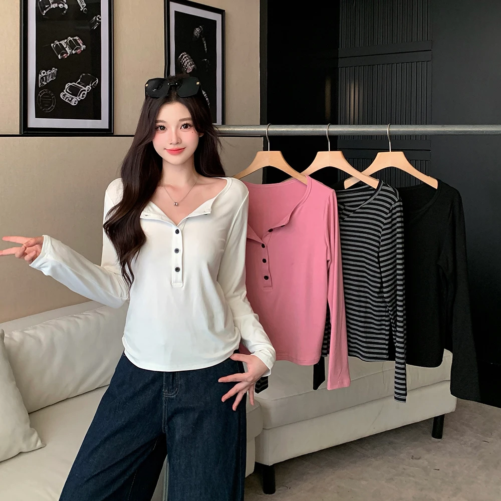 【wy】2025大码女装新款秋季长袖开领长袖基础款百搭内搭上衣3780