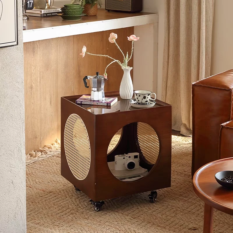 网红实木沙发边几可移动客厅家用迷你玻璃角几中古小户型明洞茶几